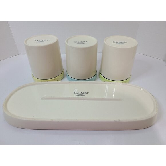 Rae Dunn 4pc Polka Dot Fork Knife Spoon Utensil Jars & Platter Blue Green Yellow - Picture 5 of 15